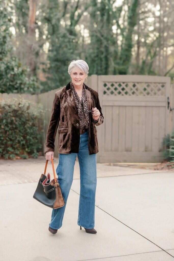 Brown Velvet Blazer + Leopard Print Blouse + Wide-Leg Jeans + Dark Brown Boots
