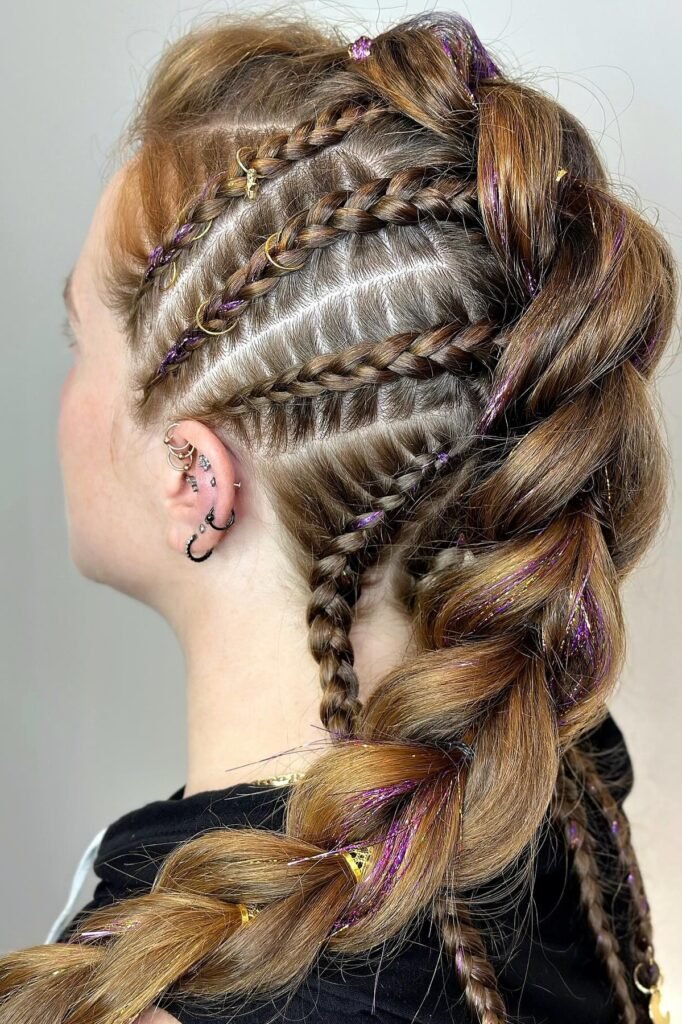 Brunette Faux-Hawk Braid with Purple Tinsel and Hair Rings