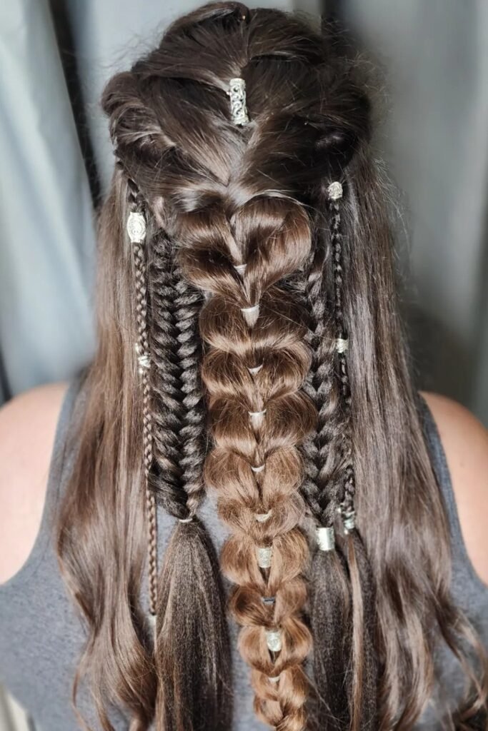 Bubble Braid and Fishtail Combo with Ornate Silver Rings