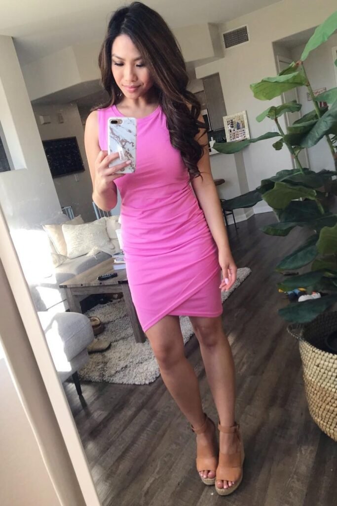 Bubblegum Pink Sleeveless Ruched Bodycon Dress + Tan Platform Wedges