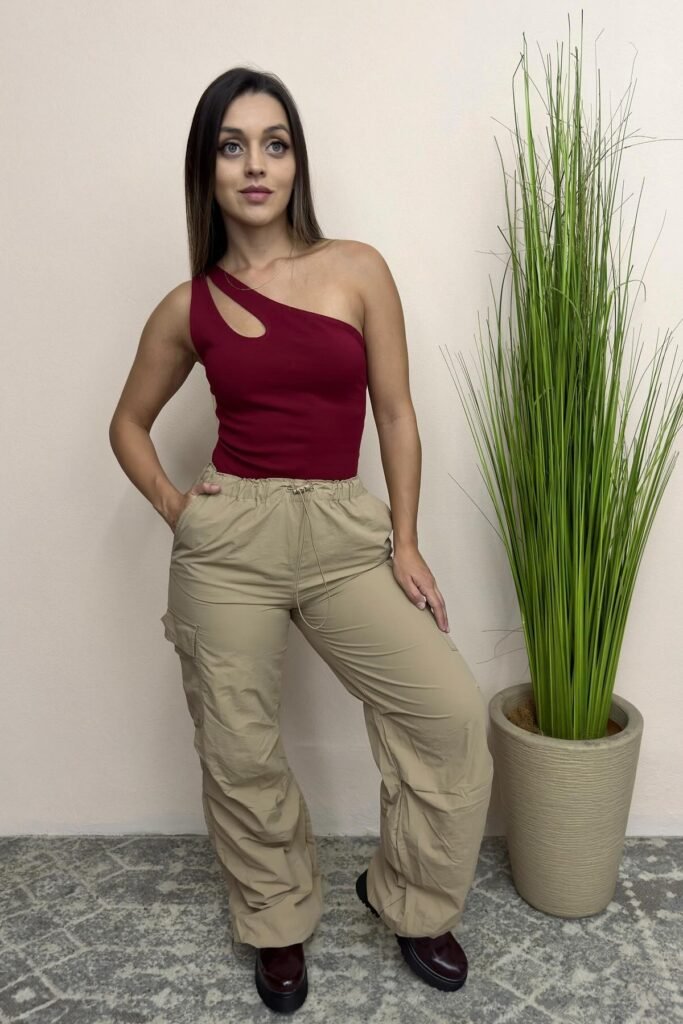 Burgundy One-Shoulder Cutout Bodysuit + Khaki Baggy Cargo Pants + Dark Burgundy Lug-Sole Boots