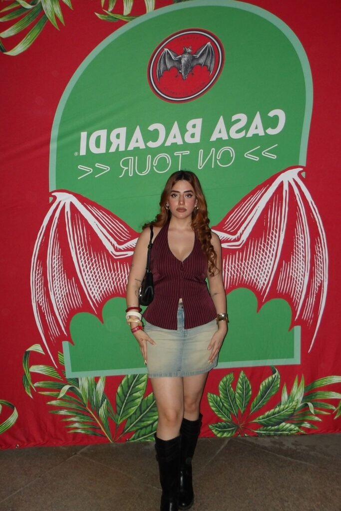 Burgundy Pinstripe Halter Vest + Denim Mini Skirt + Black Knee-High Boots