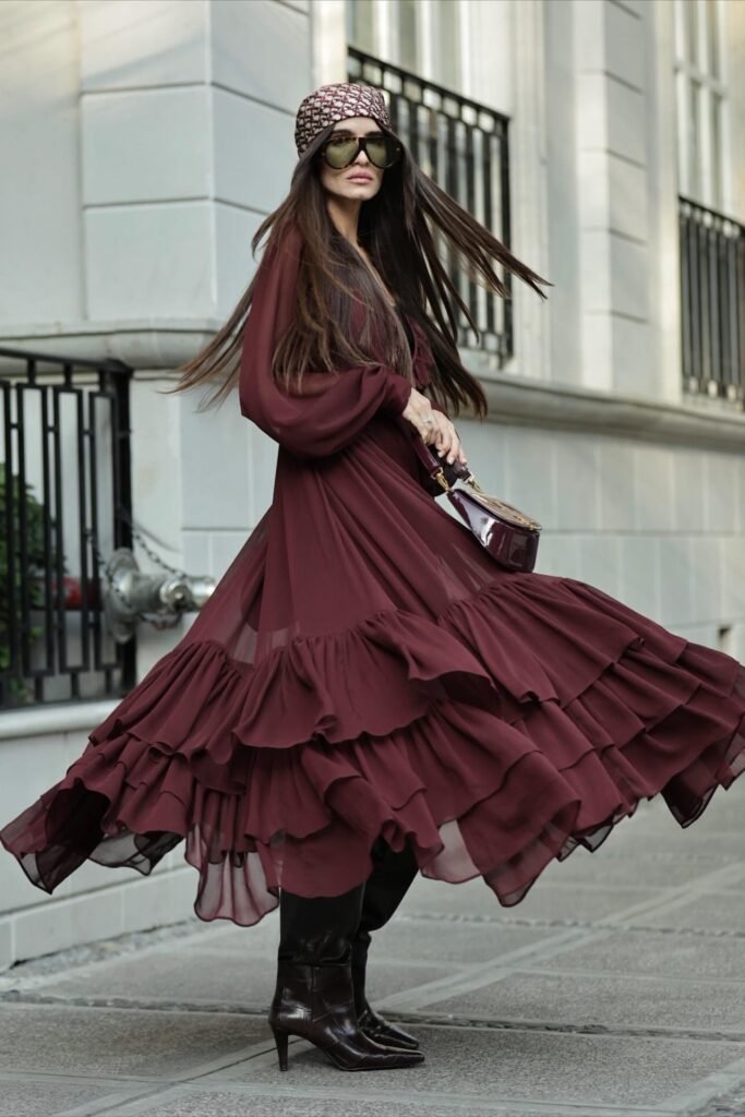 Burgundy Ruffled Chiffon Maxi Dress + Patterned Headscarf + Black Leather Pointed Boots