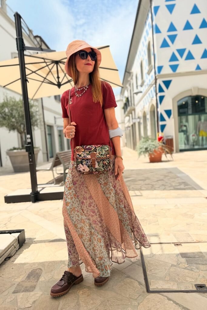 Burgundy T-Shirt + Floral Patchwork Maxi Skirt + Brown Leather Mules