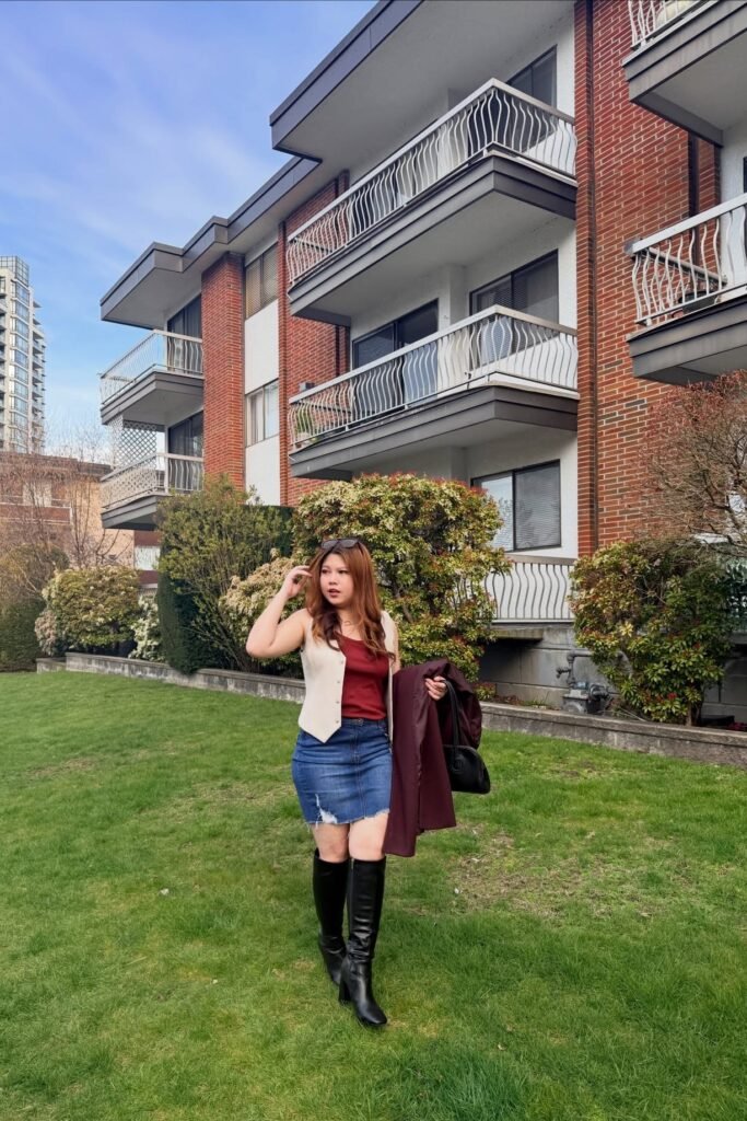Burgundy Top + Cream Tailored Vest + Denim Mini Skirt + Black Knee-High Boots