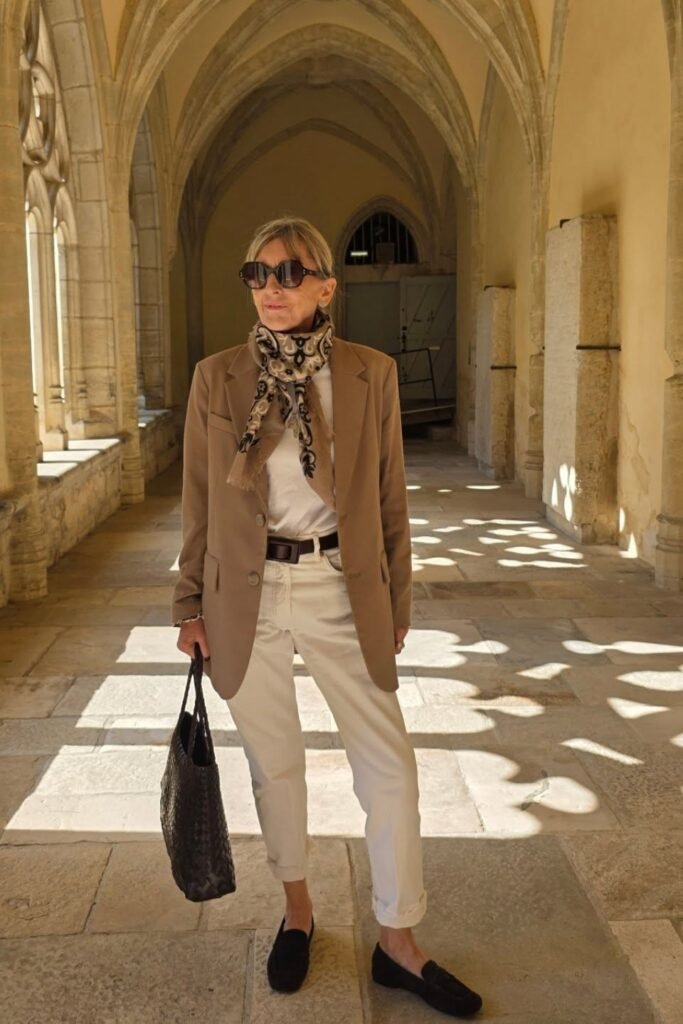 Camel Blazer + White T-Shirt + White Rolled-Up Jeans + Black Suede Loafers