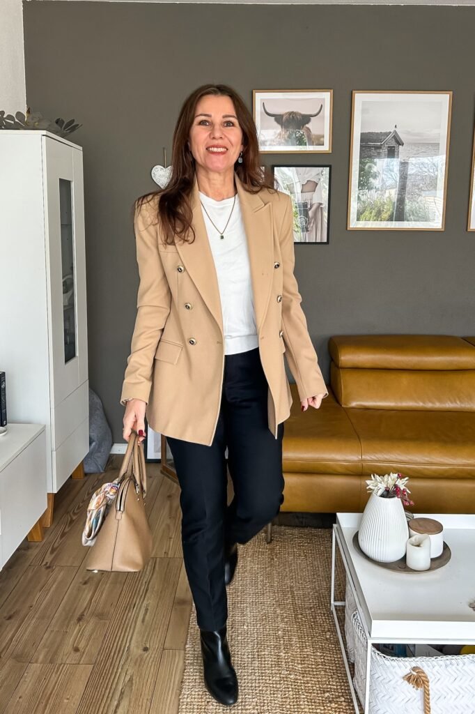 Camel Double-Breasted Blazer + White T-Shirt + Black Straight-Leg Trousers + Black Pointed-Toe Boots