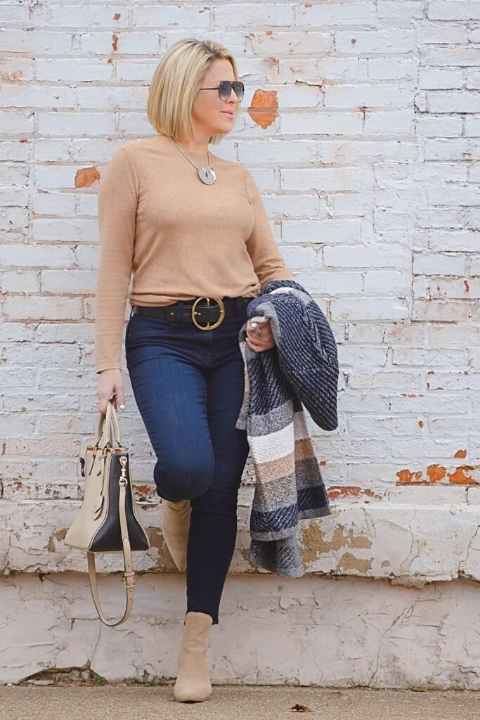 Camel Long-Sleeve Top + Dark Wash Skinny Jeans + Tan Suede Ankle Boots