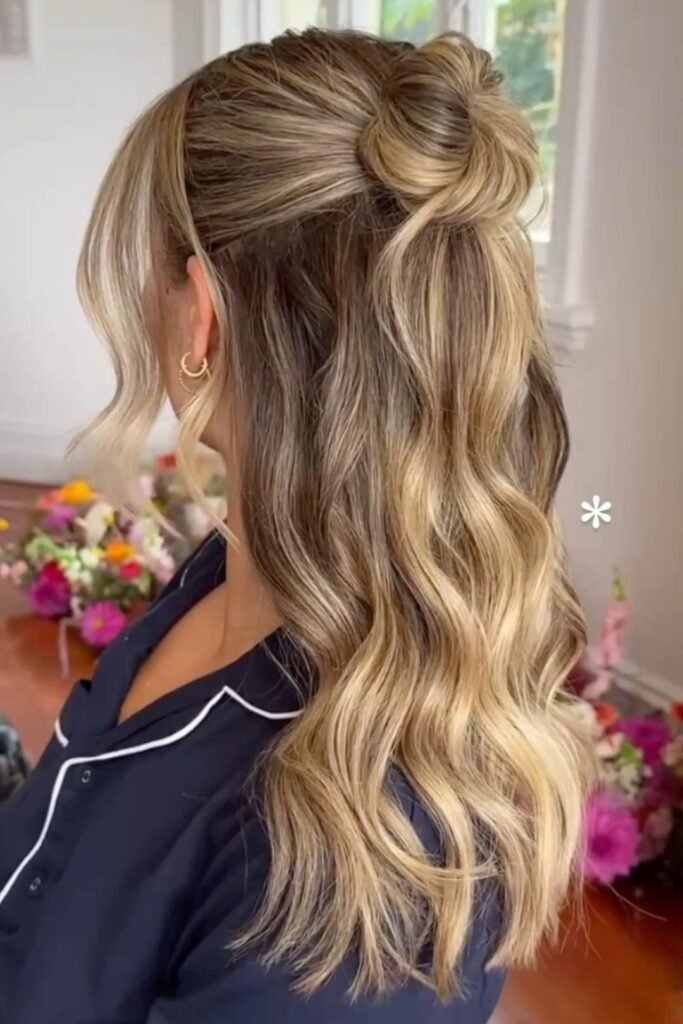 Casual Half-Up Top Knot with Beachy Golden Waves