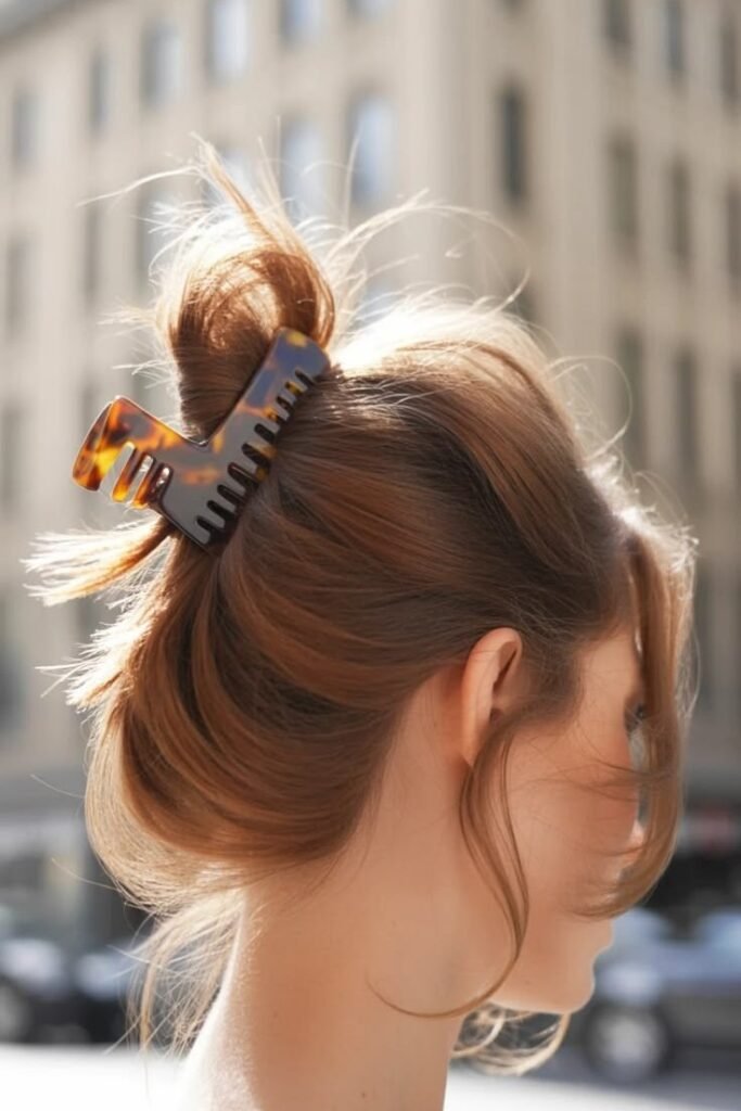 Casual Textured Updo with Large Tortoise Shell Claw Clip