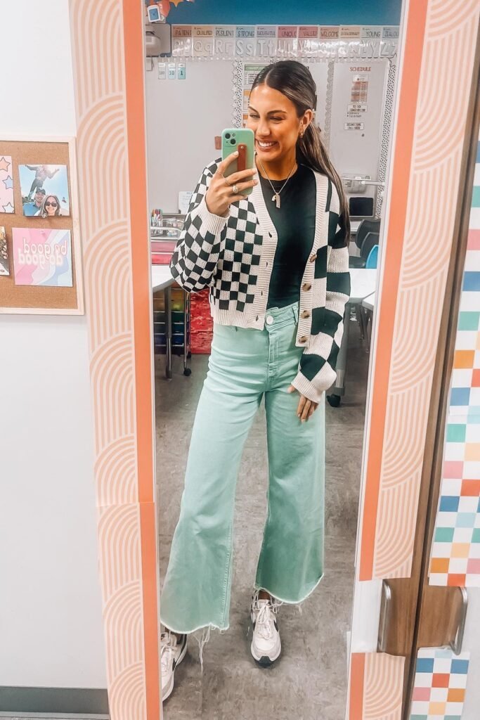 Checkered Cardigan + Black Fitted Top + Mint Green Flared Jeans + White Platform Sneakers