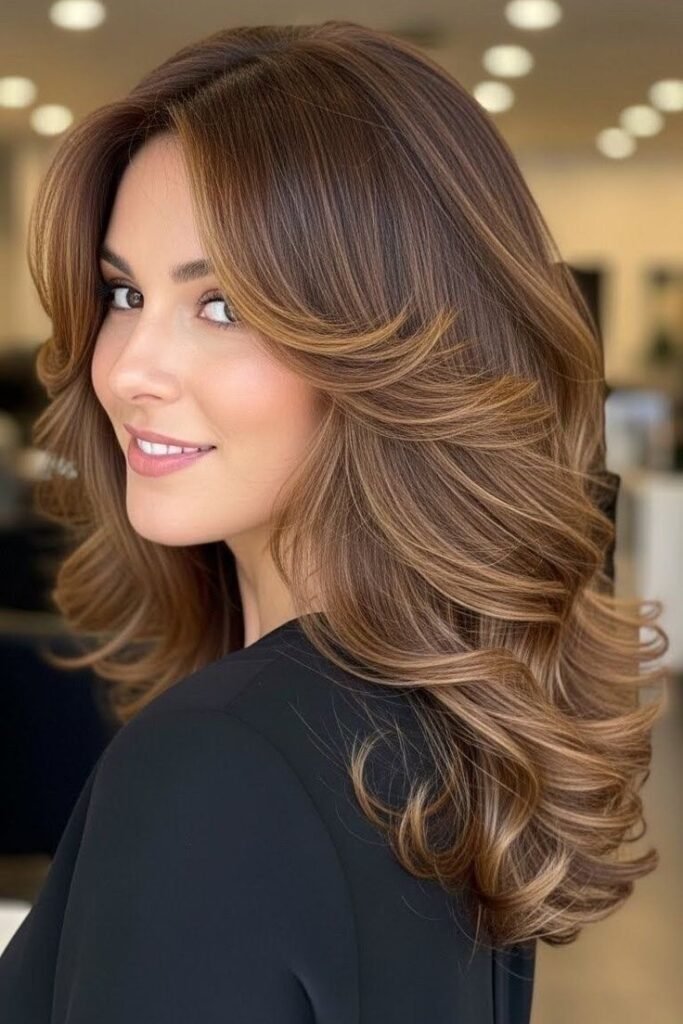 Chestnut Brown Hair with Dynamic Butterfly Layers and Caramel Balayage