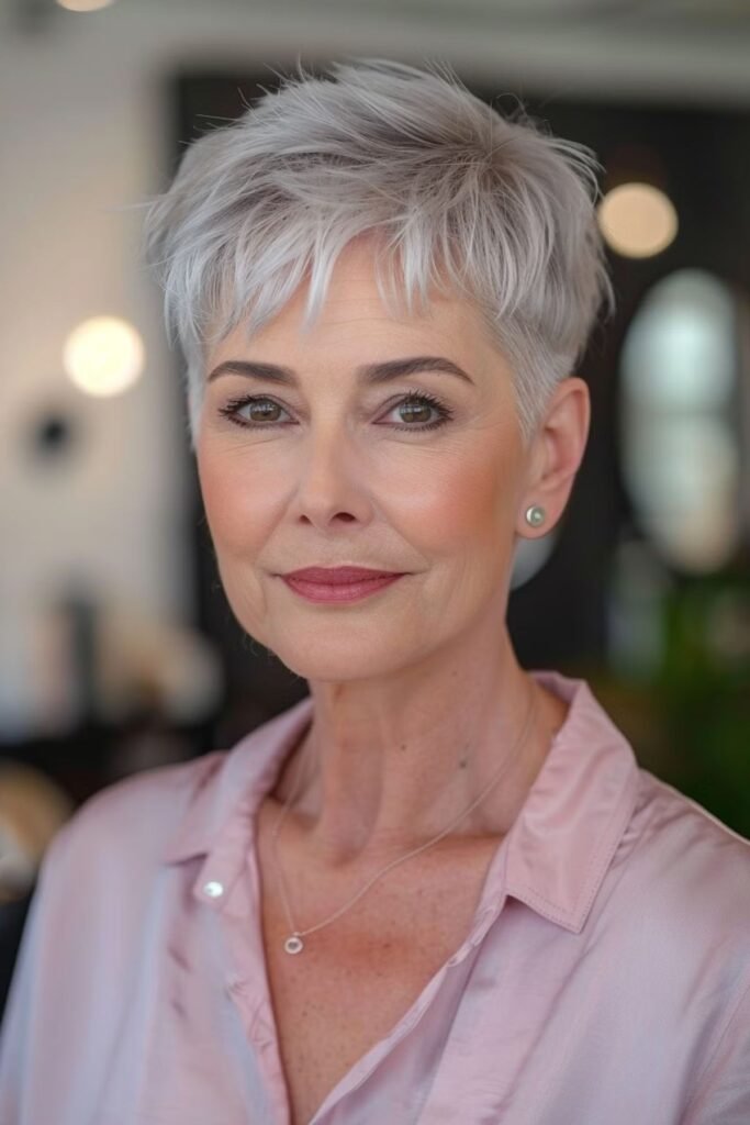 Choppy Platinum Pixie with Soft Fringe