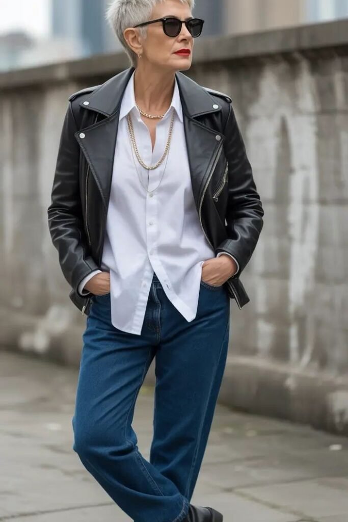 Classic Black Biker Jacket + White Button-Down Shirt + Medium Wash Straight Jeans