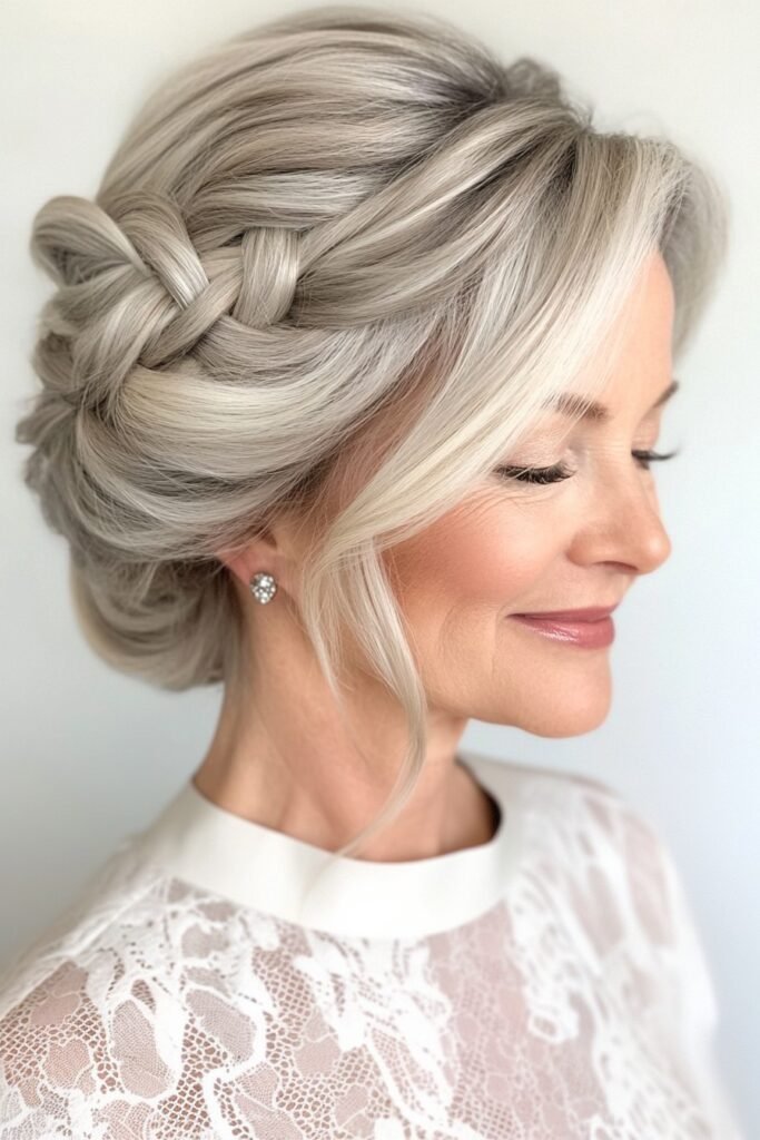 Classic Braided Low Bun with Smooth Side-Parted Bangs