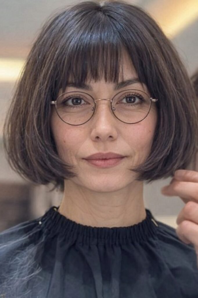 Classic Espresso French Bob with Straight-Cut Brow-Skimming Bangs
