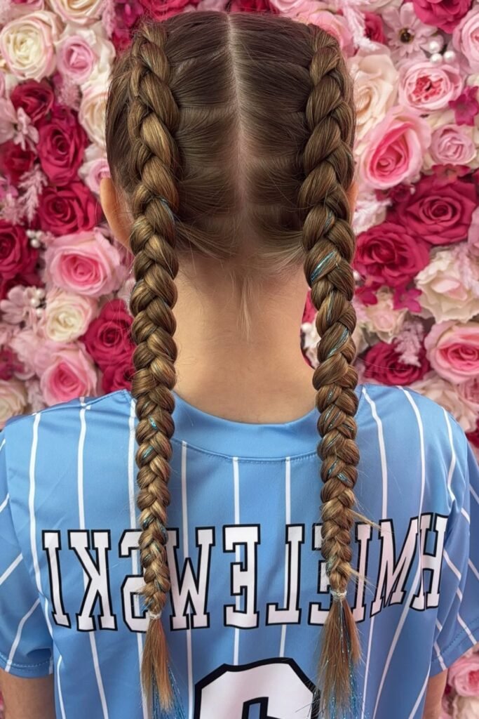 Classic French Braid Pigtails with Shimmering Blue Tinsel
