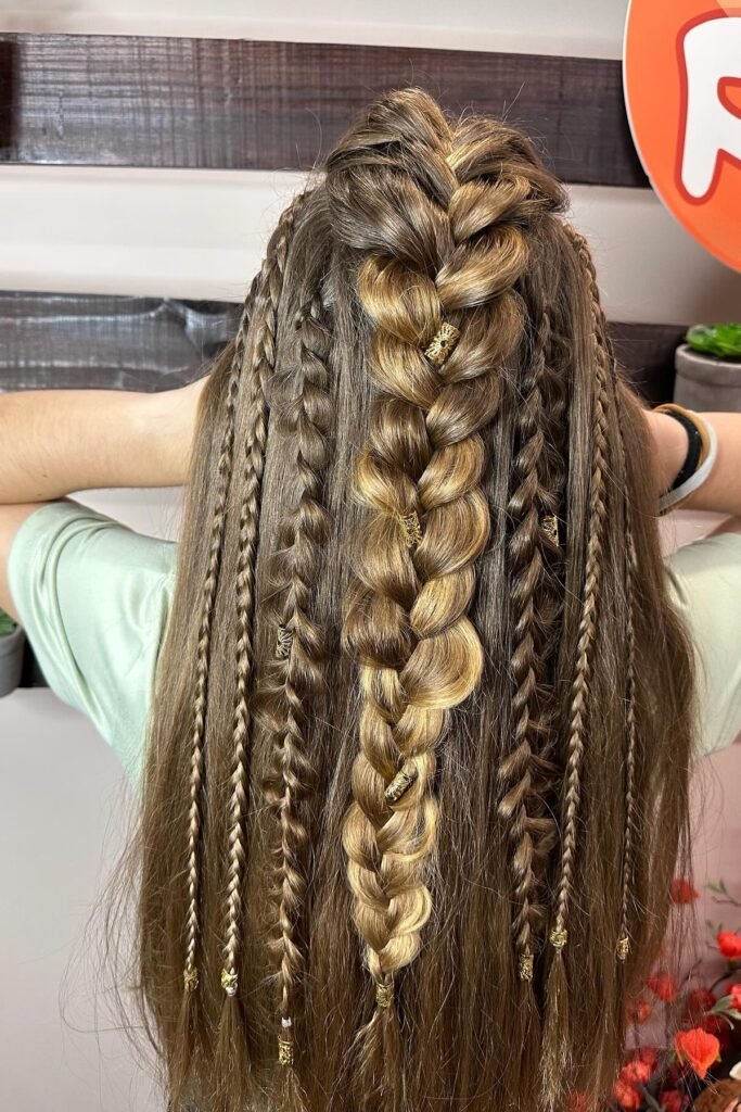 Classic French Braid with Mixed Accent Plaits and Gold Beads