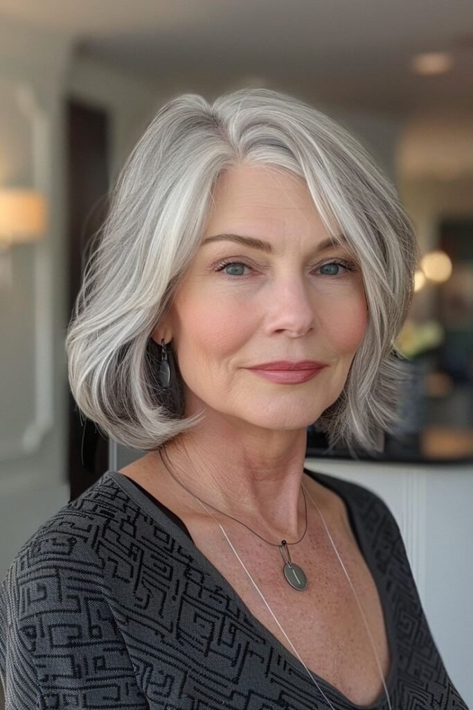 Classic Grey Bob with Soft Side-Swept Fringe