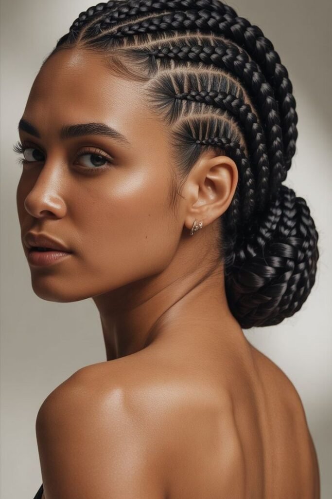 Classic Straight-Back Stitch Braids Gathered into a Low Textured Bun