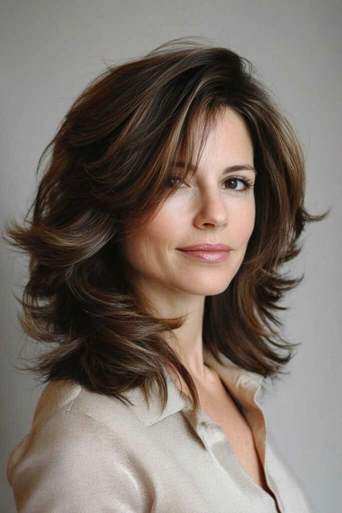 Classic Voluminous Shag with Deep Brunette Layers and Flicked Ends