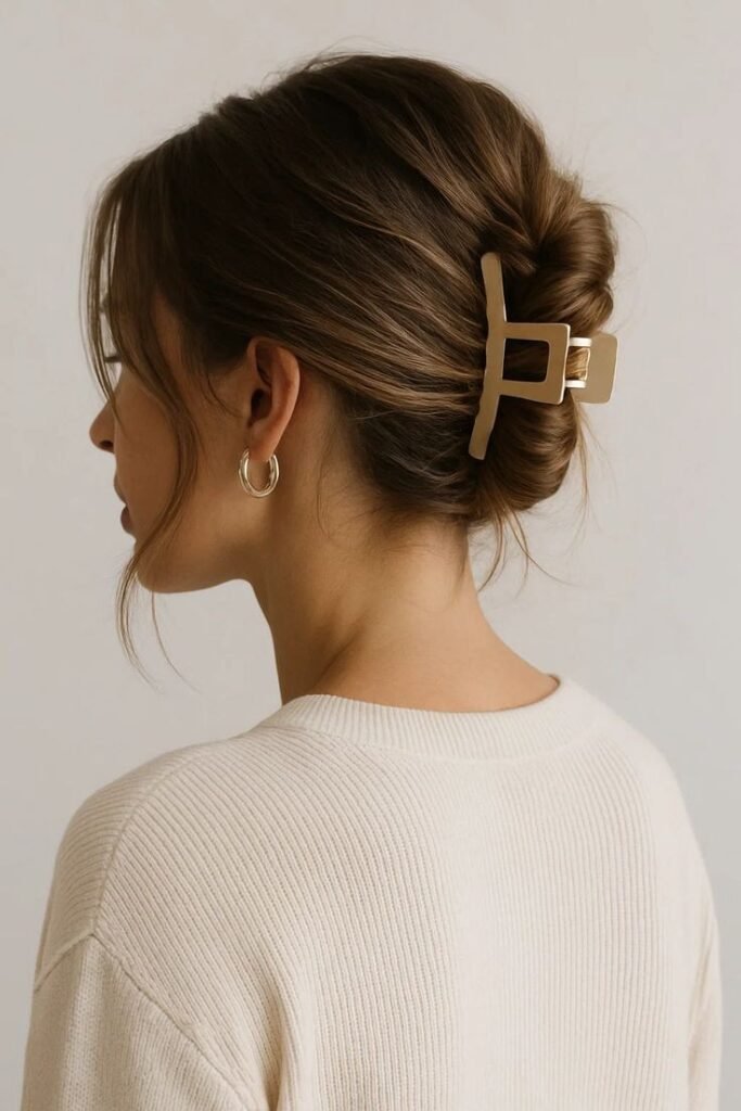 Clean Girl Aesthetic Low Bun with Gold Rectangular Clip