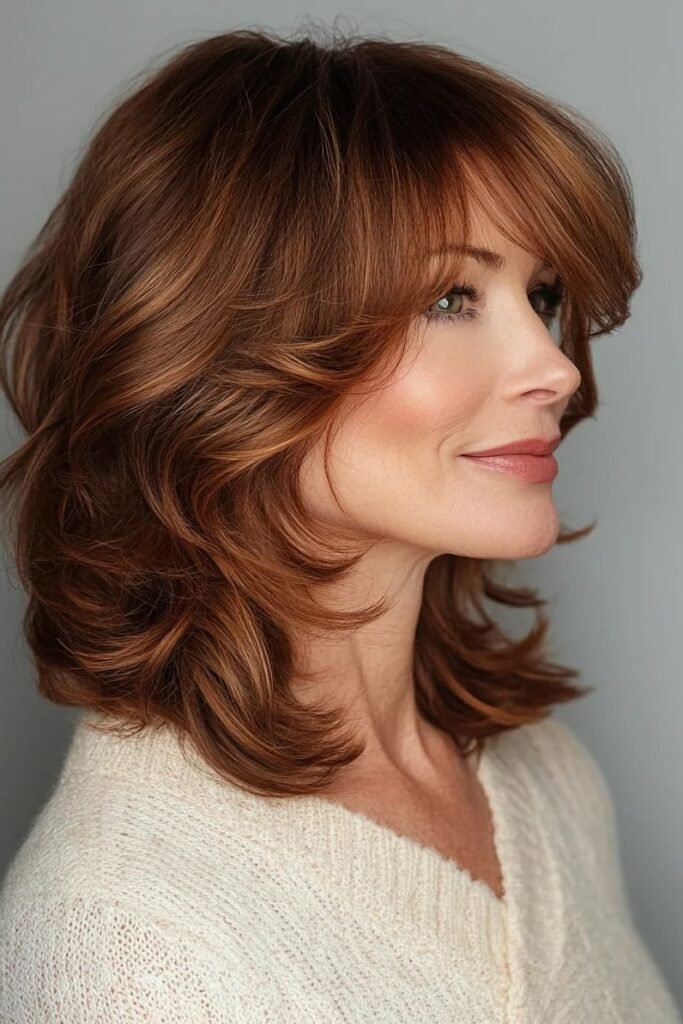 Copper Layered Shag with Voluminous Face-Framing Waves