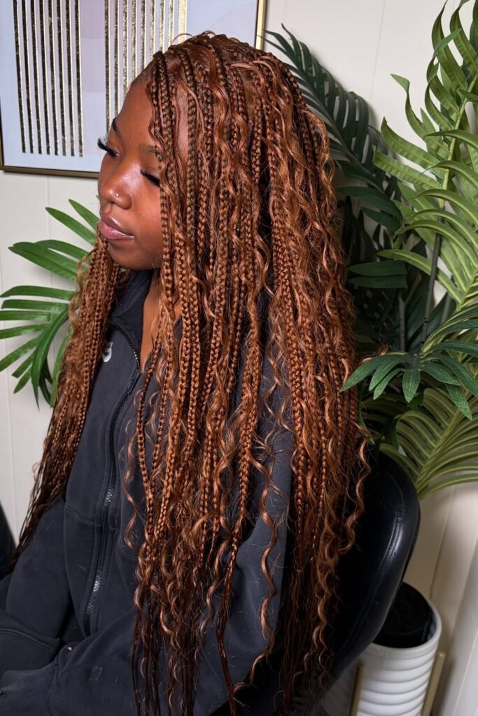 Copper Red Boho Braids with Mixed Textures and Deep Waves