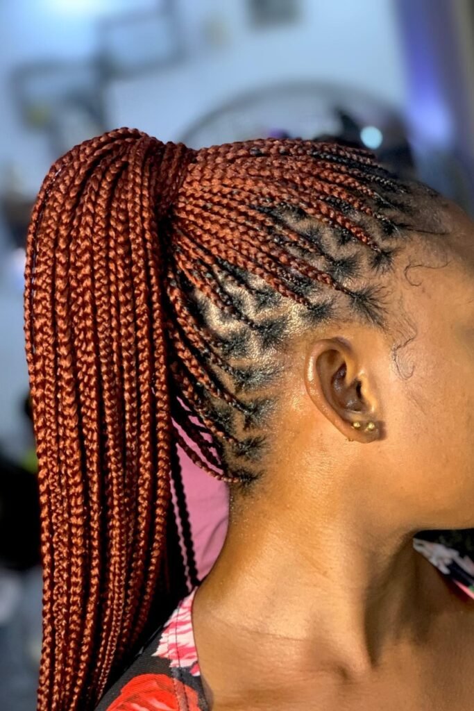 Copper Red High Ponytail with Intricate Stitch Braiding