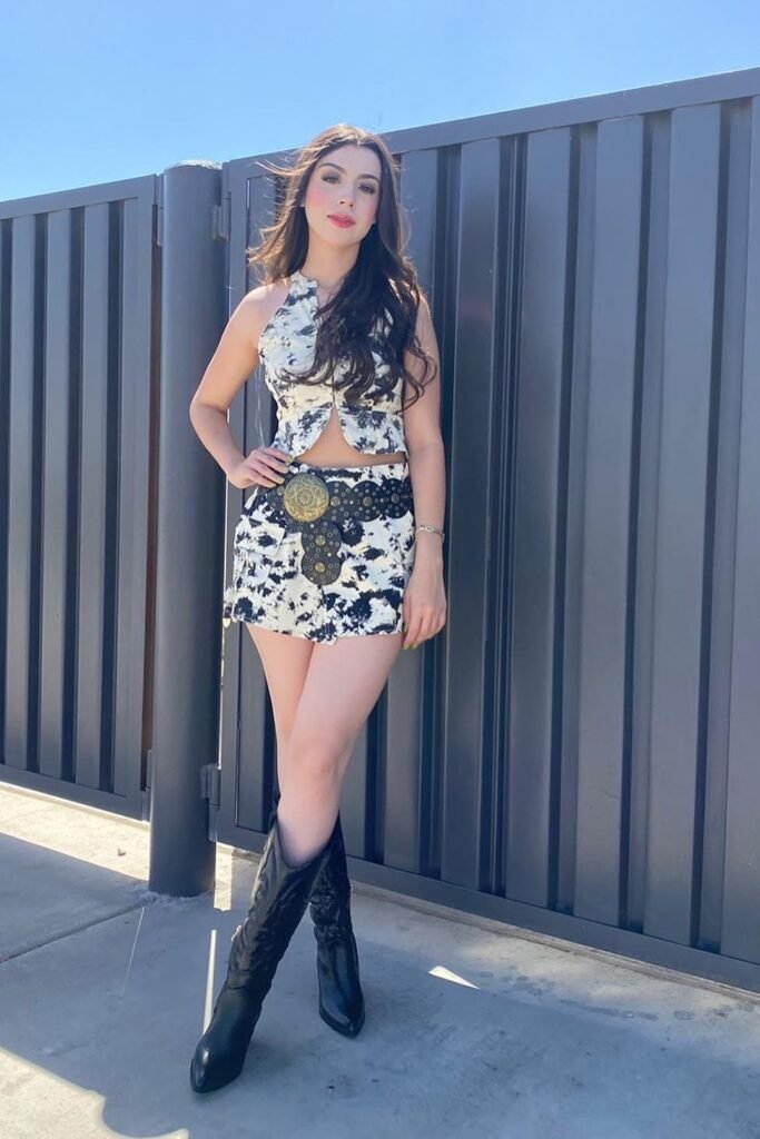 Cow Print Halter Top & Skirt Set + Western Concho Belt + Black Cowboy Boots