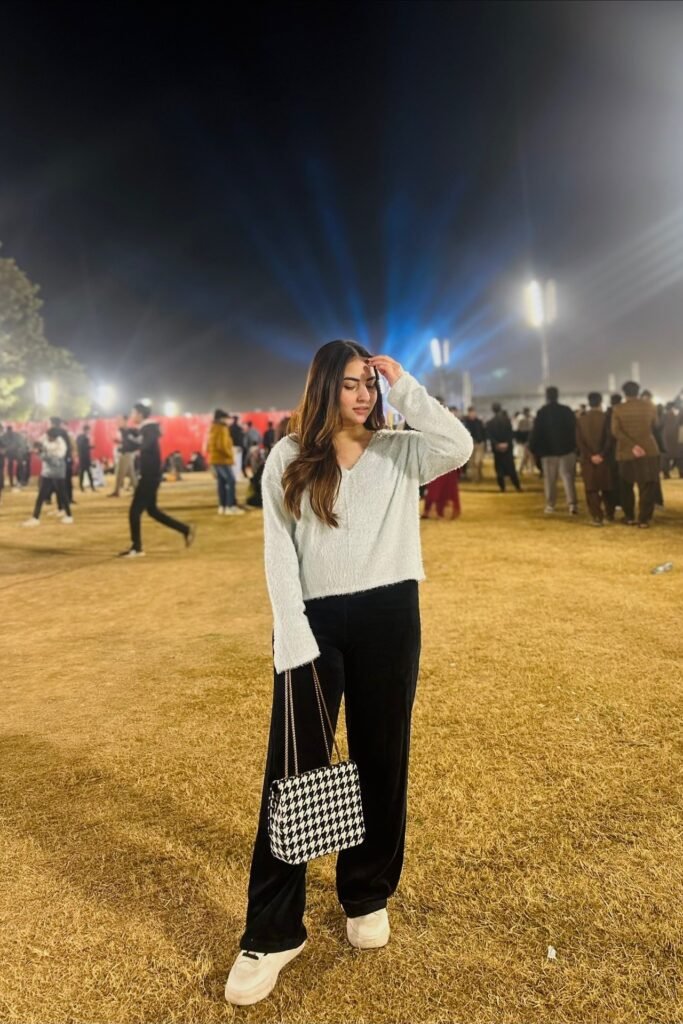 Cozy Light Blue Sweater + Black Velvet Wide-Leg Trousers + White Sneakers