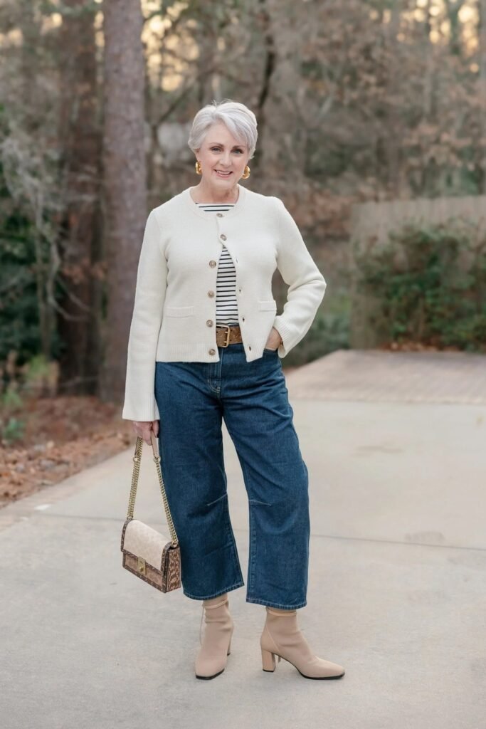 Cream Button-Up Cardigan + Striped T-shirt + Wide-Leg Crop Jeans + Tan Sock Boots
