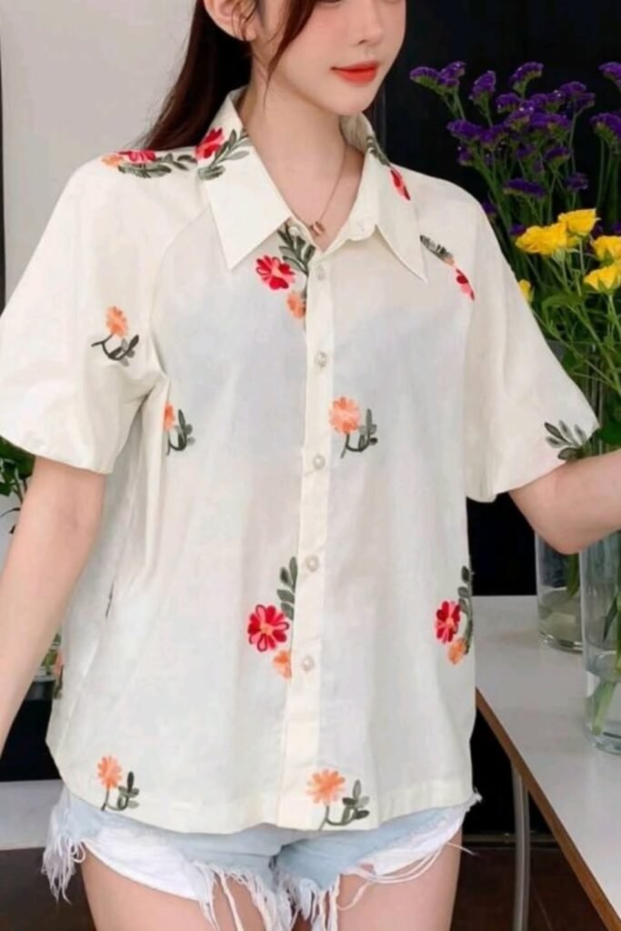 Cream Floral Embroidered Shirt + Distressed Denim Micro-Shorts