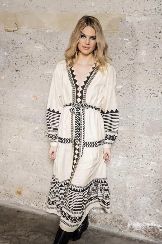 Cream Geometric Print Maxi Dress + Black Leather Pointed Boots