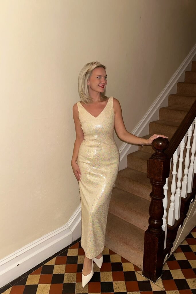 Cream Iridescent Sequin V-Neck Dress + White Pointed Toe Heels + Small Tiara