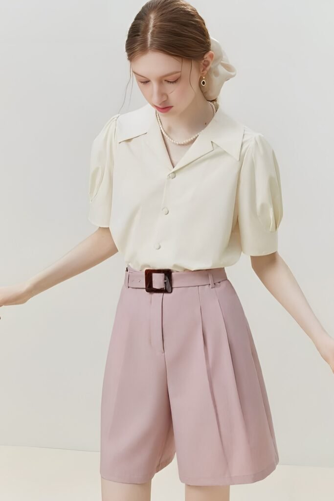 Cream Puff-Sleeve Blouse + Dusty Pink Tailored Shorts + Pearl Necklace
