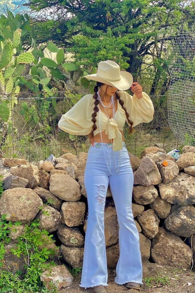 Cream Puff-Sleeve Tie-Front Top + White Distressed Flare Jeans + Cream Cowboy Hat