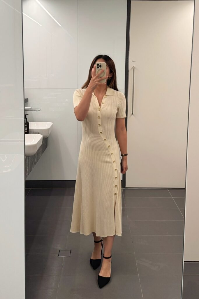 Cream Ribbed Short-Sleeve Button-Down Midi Dress + Black Ankle-Strap Pointed-Toe Flats