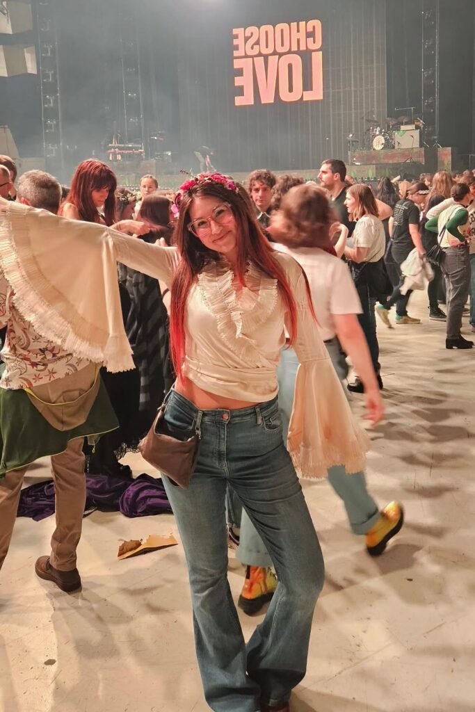 Cream Ruffled Bell-Sleeve Blouse + Blue Flared Jeans + Brown Leather Crossbody Bag