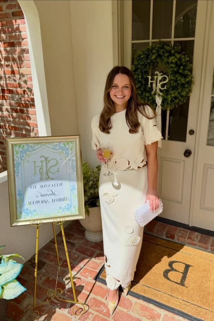 Cream Short-Sleeve Column Dress with 3D Floral Appliqués + Patterned Pointed-Toe Heels