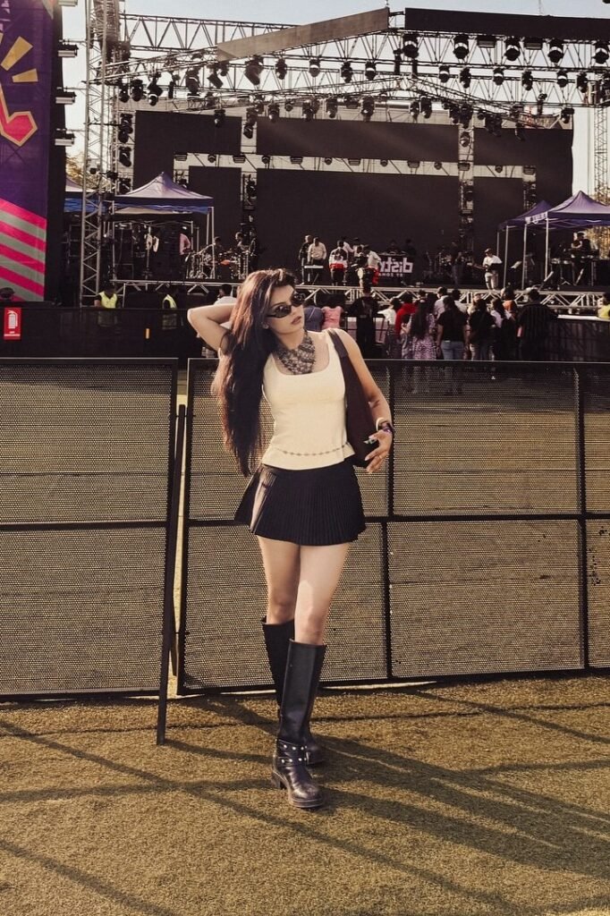 Cream Tank Top + Black Pleated Mini Skirt + Black Knee-High Boots