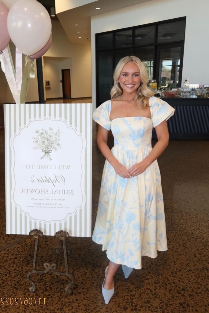 Cream and Light Blue Floral Square-Neck Midi Dress + Light Blue Pointed-Toe Flats