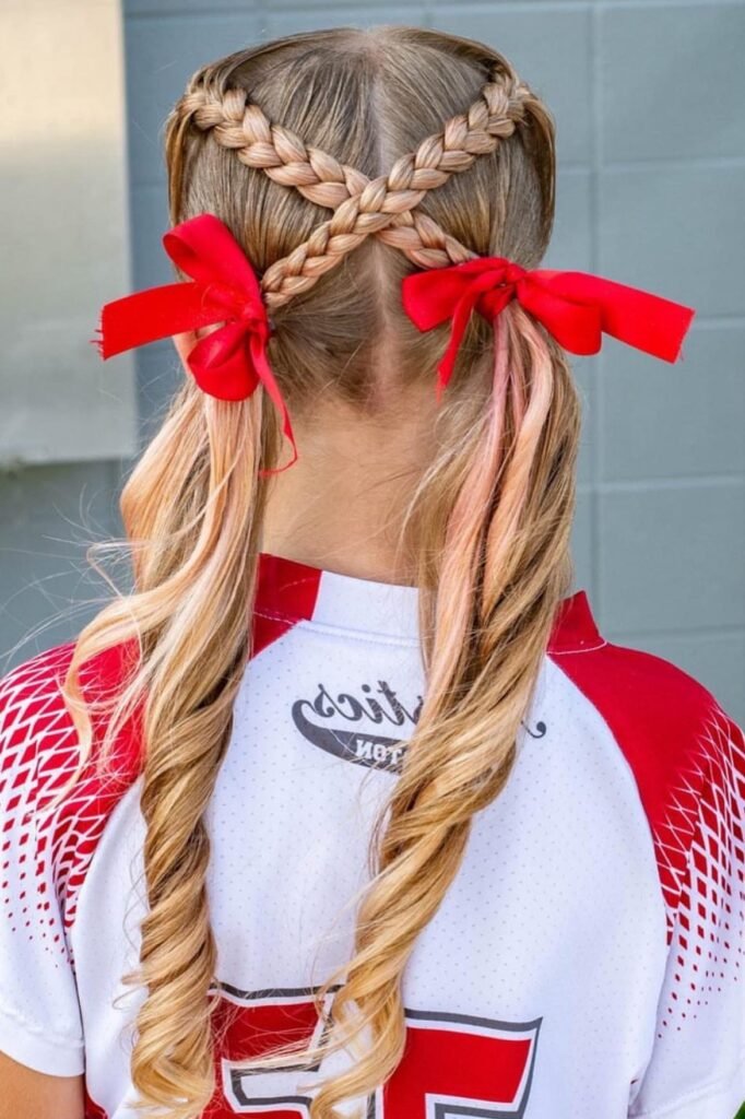 Criss-Cross Dutch Braids into Low Pigtails with Red Bows