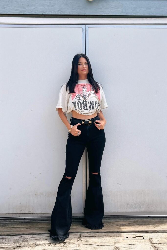 Cropped Graphic T-Shirt + Black Distressed Flared Jeans + Black Western Belt