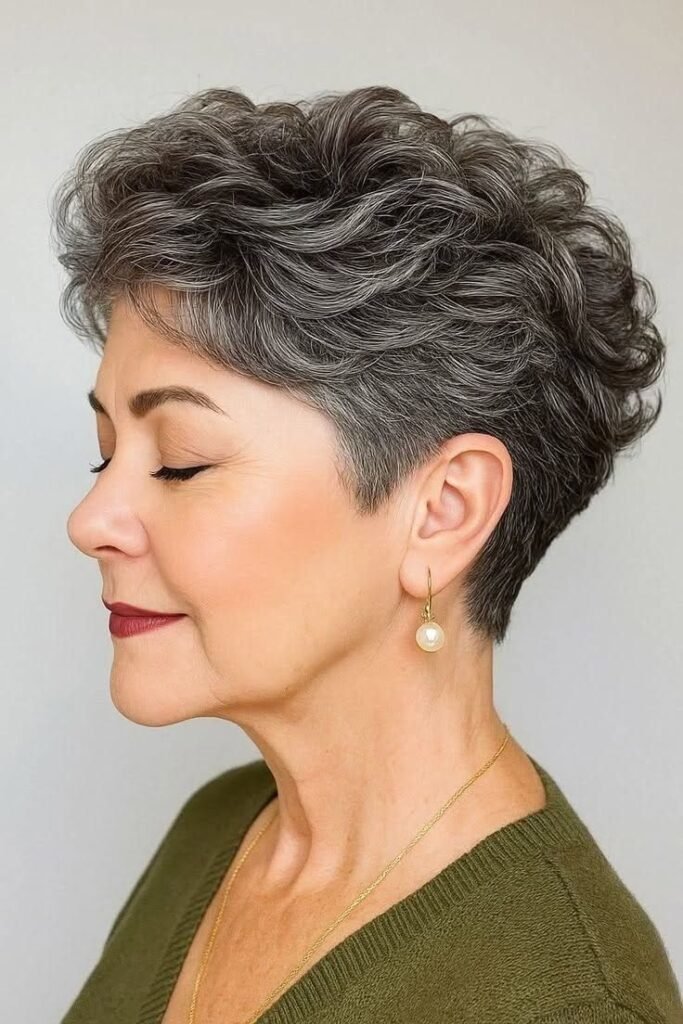 Curly Tapered Pixie with Voluminous Top and Tight Sides