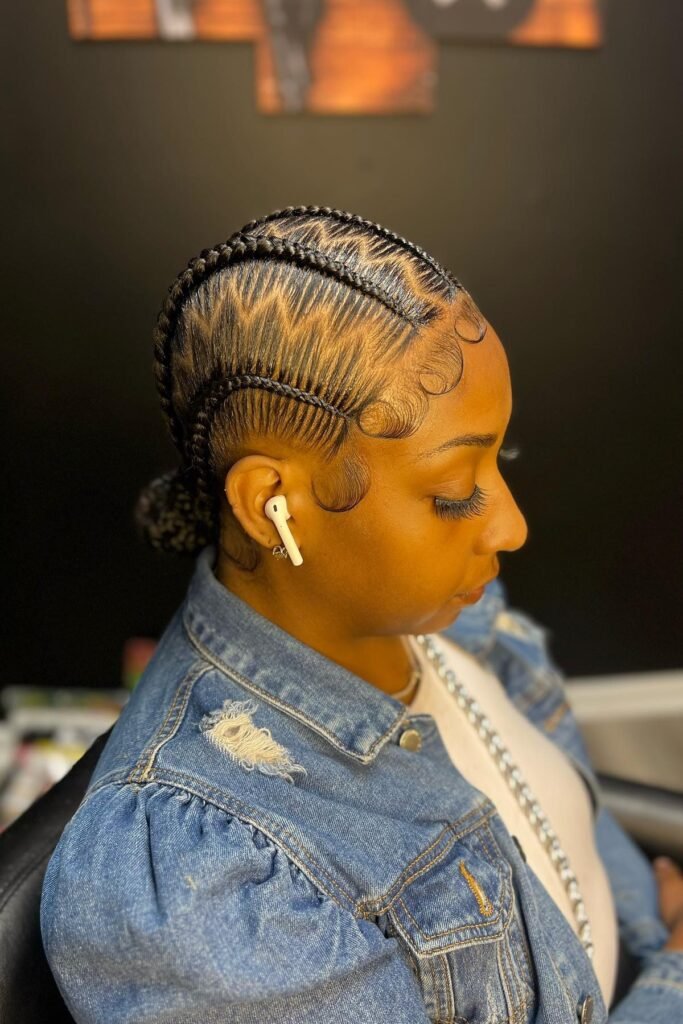 Curved Cornrows with Intricate Zig-Zag Parting