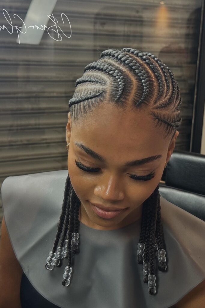 Curved Feed-in Stitch Braids Finished with Clear Decorative Beads