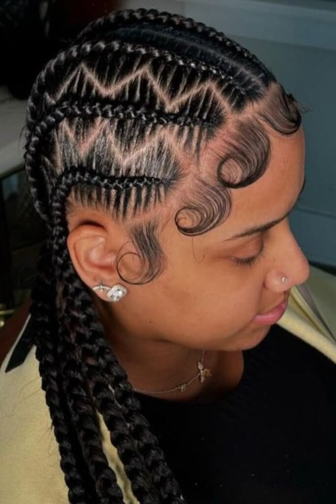 Curved Stitch Cornrows with Elaborate Baby Hair Styling