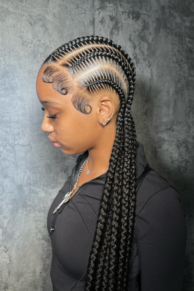 Curved Stitch Cornrows with Sculpted Spiral Edges