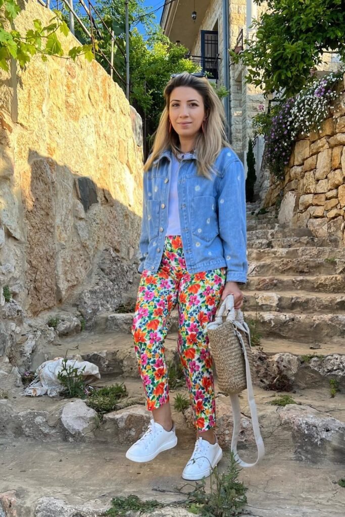 Daisy-Embroidered Denim Jacket + Vibrant Floral Trousers + White Sneakers